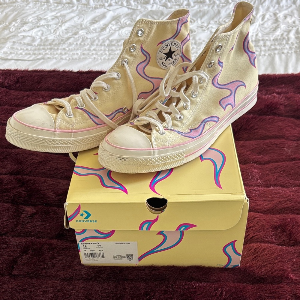 Converse Cream High-Tops with Pink and Purple Waves